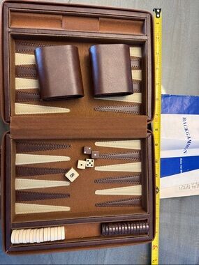 Vintage Brown Leather Backgammon Set with Cream & Dark Brown Points